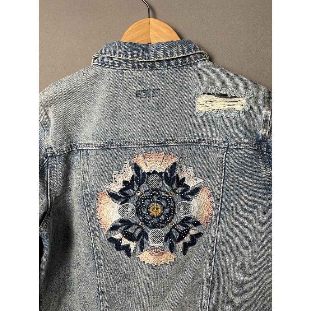 Bebe Jacket Large Embroidered Cropped Denim Distressed Frayed Hem - Picture 8 of 13